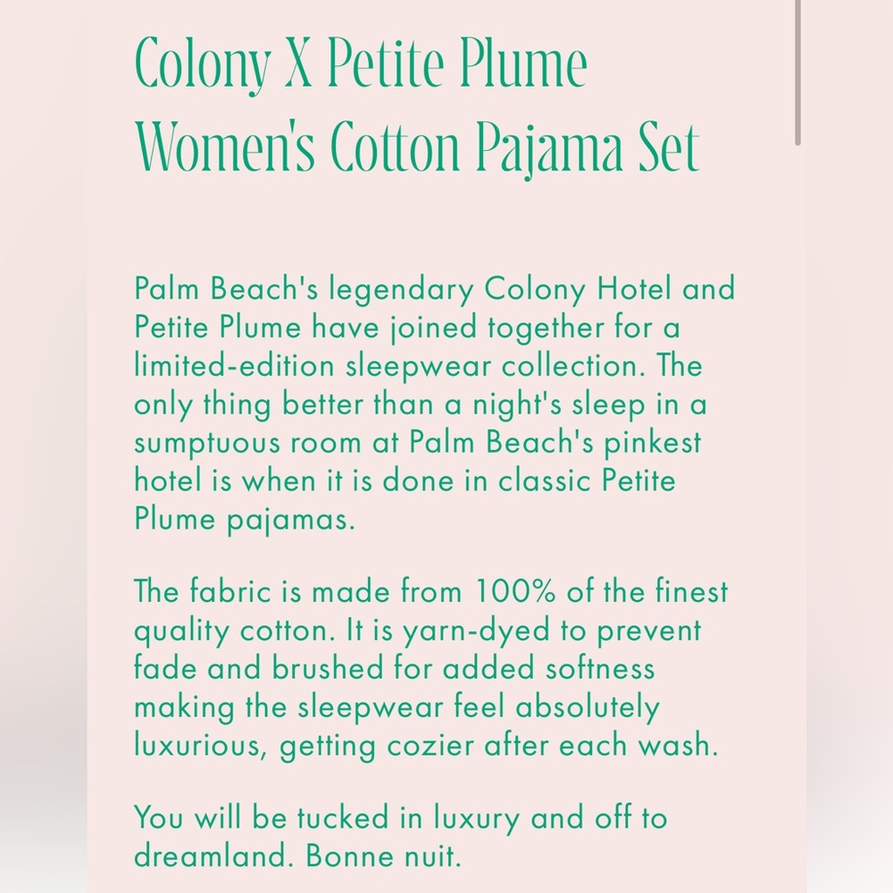 Petite Plume x The Colony Hotel 2 pcs White Cotton Green Piping PJ size S - Picture 4 of 16